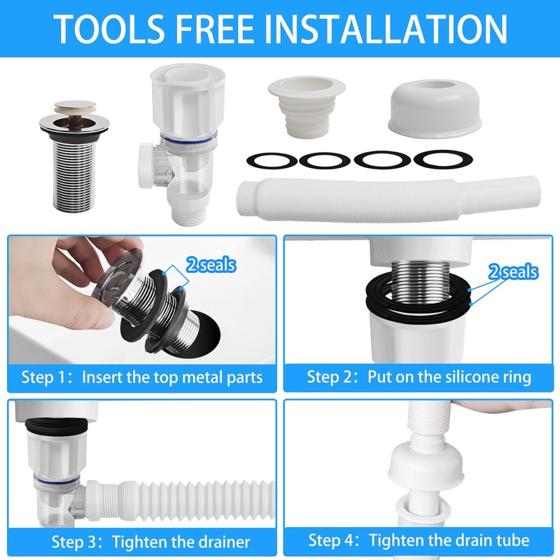 Bathroom Sink Drain Pipe Kit,Bathroom Sink Drain with Strainer Basket