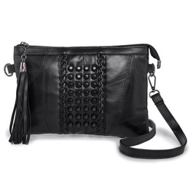 Kleine Umhängetasche Handtasche für Damen Quaste Nieten Clutch Abendtasche Weich Leder Schwarz