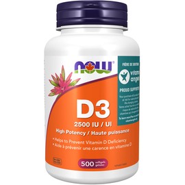 NOW Vitamin D3 2,500IU Softgels, 500 Softgels