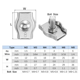 PATIKIL 14pcs 1/16"(1.5mm) Simplex Bolt Wire Rope Clip M2 304 Stainless Steel Simplex Single Bolt Cable Clamp, Silver Tone