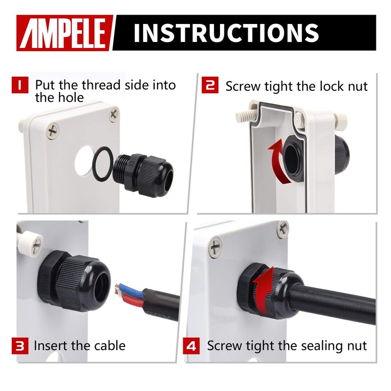 AMPELE Cable Gland 20 Pack 3-25mm Waterproof Adjustable 1/4'', 3/8'',
