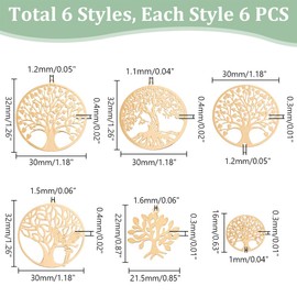 PH PandaHall 36pcs 6 Styles Tree of Life Pendants Brass Filigree Pendants Flat Round Tree Charms Bulk Metal Pendants Etched Metal Embellishments for Necklace Earrings Jewellery Making, Light Gold
