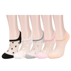 Womens Girls Sheer No Show Liner Socks Cute Lace Mesh Polka Dot Low Cut Socks Transparent See Through Ankle Socks Novelty Summer Socks Ultra Thin Silk Nylon Footie No See Short Socks, 5 Pack-Polka Dot