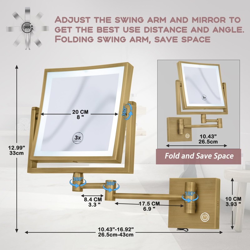 RECKODOR Square Wall Mounted Makeup Mirror with Lights and Magnification,