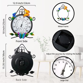 HOBYLUBY Indoor Outdoor Thermometer，Large Wall-Mounted Thermometer with Humidity, Easy to Read Decorative Outside Thermometer for Patio, Garden, No Require Batteries(Black)