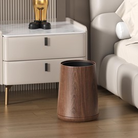 LEASYLIFE 8L/2.1GAL Modern Metal Waste Bin with Realistic Wood Texture,Built-in Bag Holder,Open-Top Trash Bin for Bathroom,Home,Office,Living Room (2.1gal Cone)