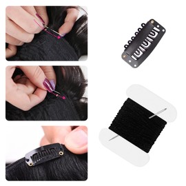 uadbau 50 Pcs 32mm 6-Teeth U-Shape Wig Clips for Clip-in Hair Extensions, with DIY Needle and Thread Kit – Snap Hair Clips for Hair Extensions Clip-ins (Black)