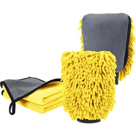 DASKING Kit Limpieza Coche, Guante y Toallas de Microfibra Premium de Lavado Coche, 2PCS Toallas (30 * 40cm) y 1PC Guante para la Limpieza de vehículo, Juego de Limpieza para Automóviles,Amarillo