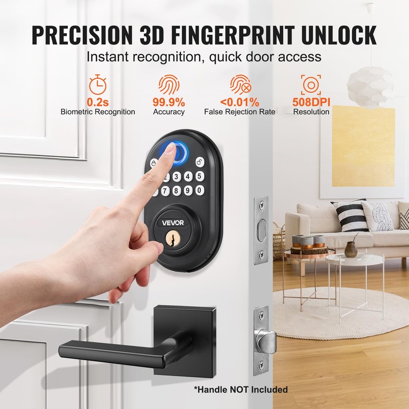 VEVOR Fingerprint Door Lock, with Fingerprint/Keypad Code/Key, One-Time and Anti-Peeking