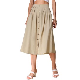 Allegra K Cotton Midi Skirt for Women's Summer Casual Button Decor Elastic Waist A-Line Skirts with Pocket Khaki S