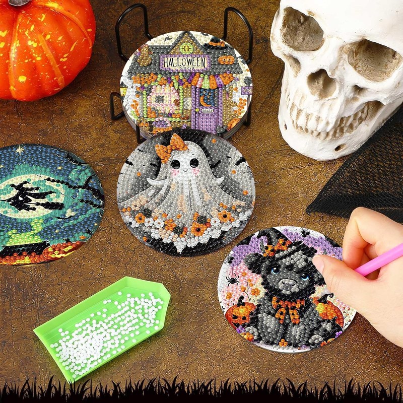 Axquilon 8 Pcs Halloween Diamond Art Coasters Kit for Adults