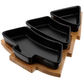 UPKOCH Christmas Tree Shaped Ceramic Snack Trays with Wooden Base, 10.38in Appetizer Plates for Nuts, Candy, Dessert, Holiday Party Serving Platter (Black)