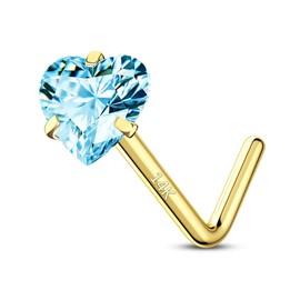 CM Crareesi Mania 14K Real Gold Nose Studs 20G Nose Rings Studs L Shaped Heart Nose Rings for Women Men Blue Diamond CZ Nose Piercing