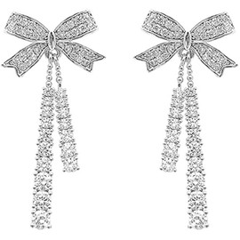 Sparkling Cubic Zirconia Butterfly Bow Knot Sterling Silver Dangle Stud Earrings for Women Girls Crystal Bar Dangling Charm Drop Wedding Earring Studs Dainty Jewelry Gifts BFF (silver)