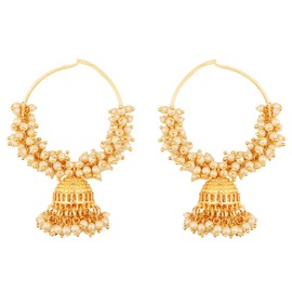 Touchstone Indian Bollywood traditional thin wire elegant and designer bali jhumki earrings with bunches of faux pearls for women in gold tone