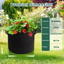 COKIELE 5 Pack 15 Gallon Grow Bags, Thickened Aeration Nonwoven Fabric Planting Bags with Handles, Heavy Duty 300G Garden Planter Bag for Tomato, Potato, Strawberry, Vegetable, Fruits and Flowers