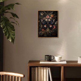 Djmwtb Vintage Framed Wall Art Butterfly Canvas Wall Art Prints Gothic Botanical Floral Pictures Dark Academia Flower Painting Artwork for Living Room Bedroom Bathroom Office 12x16in