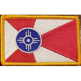 City of Wichita Kansas Flag Embroidered Patch with Hook & Loop MC Biker Tactical Morale Shoulder Travel Emblem Gold Border