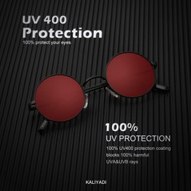 KALIYADI Round Polarized Sunglasses for Men Women Retro Metal Hippie Circle Style Sun Glasses UV Protection, A09-black Frame Red Lens, Small