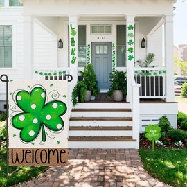 Lucky Clover Garden Flag Burlap 12x18 Double Sided, St Patricks Day Green Shamrocks Holiday Party Sign Welcome Small Flags Yard Outdoor Decorations DF667
