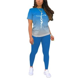 Nimsruc Biker Short Sets Women 2 Piece Outfits Summer Short Sleeve Jogger Tracksuit Matching Sweatsuits Blue Cross Print Gradient XXL