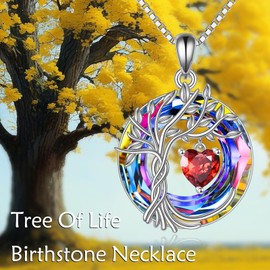 Tree of Life Birthstone Necklace for Women 925 Sterling Silver Tree of Life Jewelry Garnet Pendant January Birthstone Gemstone with Crystal Anniversary Birthday Christmas Gifts for Women