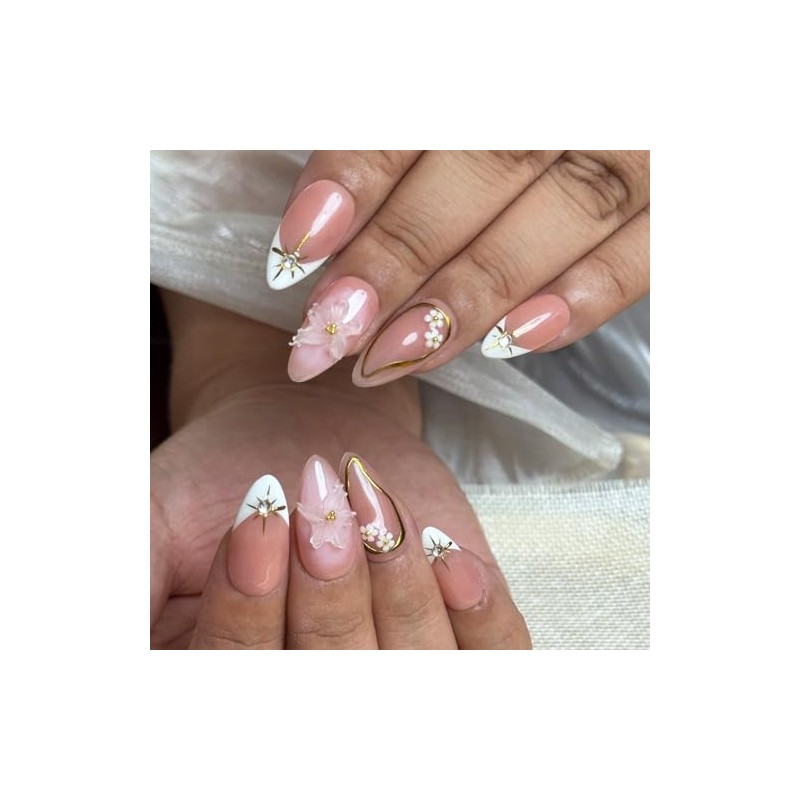 Uñas Postizas Francesas Cortas Marrones con Diseño de Diamantes de