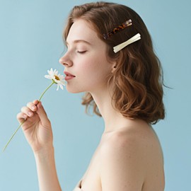 XLIUAX 8 Pcs French Barrette Hair Clips for Women, Small Tortoise Shell Curved Glossy Thin Fine Flat Hair Barrettes 2.56 Inch Black White Leopard Color Amber