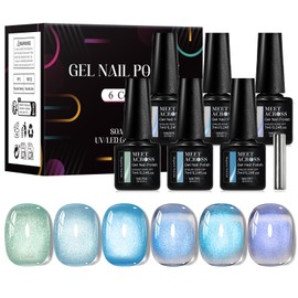 MEET ACROSS Blue Cat Eye Gel Polish with Magnet, 6 Colors Light Blue Cat Magnetic Gel Nail Polish Glitter Shimmer Translucent Magnetic Nail Polish Magnetic Nail Art Manicure Kit