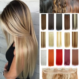 Clip In Hair Extensions 1 Pcs 5 Clips Half Full Head Synthetic Straight Hairpiece Natural Look (Straight, bleach blonde with golden blonde)