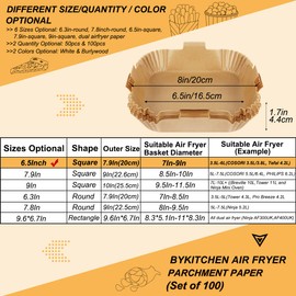 BYKITCHEN 100pcs Air Fryer Parchment Paper Liner, Square Air Fryer Liners Disposable, Greaseproof Paper for Air Fryer, Compatible with COSORI, Ninja, Tower (Unbleached)
