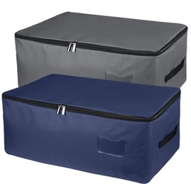 IHOMAGIC 2-Pack Under Bed Storage Bag, Zippered Storage Organizer with Side Handles - Storage Bins with Clear Pocket to Insert Label - for Comforters, Blankets, Towels (Navy Blue/Dark Grey, 49L S)