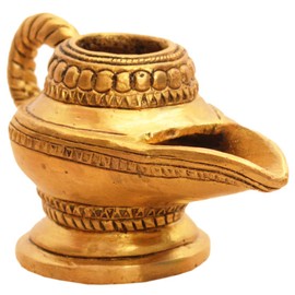 Purpledip Brass Lamp Anajli Holder: Magic Lamp Or Aladin's Chirag Shape Charan Amrit Vessel for Home Temple (10913)
