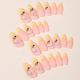 24 Pcs Yellow French Tip Press on Nails Almond Summer Little Bee Fake Nails Glue on Nails Medium Acrylic False Nails with Designs Glossy Cute Artificial Nails Glossy Stick on Nails for Women Girls