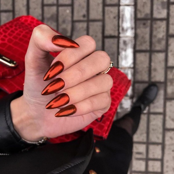 Mirror Metal Red Press on Nails Almond Shaped Chrome Glazed