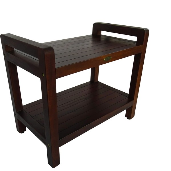 DecoTeak Teak Wood Shower Bench Natural Wood Seat Shower stool with Shelf and LiftAide Arms Eleganto Shower Bench for Indoors and Outdoors - 24 inches Wide