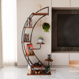 6 Tier 9 Potted Steel-Wood Plant Stand with Hanger, Curved Flower Pot Holder Shelf for Indoor Brown