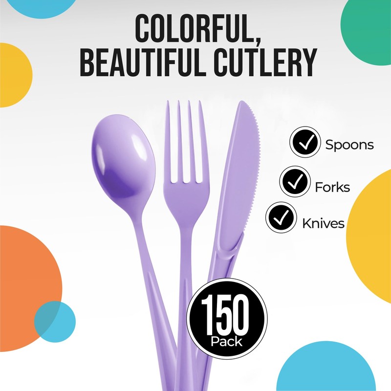 Party Solids Lavender Plastic Silverware Heavy Duty 150 Pieces Lavender