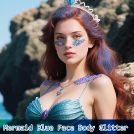 Paminify 4 Jars Blue Face Glitter,Mermaid Costume for Kids,Sparkle Body Hair Glitter Face Paint,Singer Concert Rave Festival Glitter Accessories,40g/1.41 oz