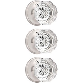 Orger 3 Pack Diamond Glass Door Knobs, Crystal Privacy Door Handles for Bedroom/Bathroom, Interior Keyless Door Knobs with Pin Lock, Satin Nickel Zinc Alloy Rosette