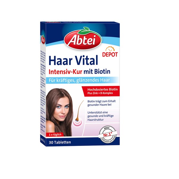 Abtei Haar Vital Intensive Treatment - High Dose Biotin, Zinc and Vitamin B Complex with Depot Effect - for Strong, Shiny Hair - Laboratory Tested, Vegan - 30 Tablets
