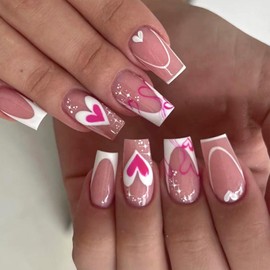 24Pcs Valentine’ s Day Press on Nails Medium Length Fake Nails Square Shape False Nails with Small Pink Red Hearts Glossy White French Acrylic Glue on Nails Stick on Nails for Women Manicure Decor