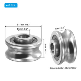 PATIKIL U Groove Bearing, 8 Pack 5x17x8mm SG15 Deep U Groove Guide Pulley Double Sealed Chrome Steel Ball Bearings for Rail Track Liner Motion System