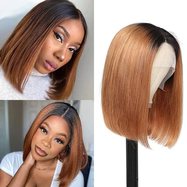 JOEDIR HAIR Short Bob Wig Ombre Brown Bob Human Hair Wig Lace Front Wig for Black Women 10 inch 1B/30 Color T Part Lace Frontal Wig Pre Plucked with Baby Hair Glueless 150% Density