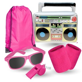 TK Group Timo Klingler XXL 6-in-1 – Set 80s Costume, Outfit, Bad Taste Ned Accessory Neon Set – with ghetto blaster, sweatband Pink Carnival Costume