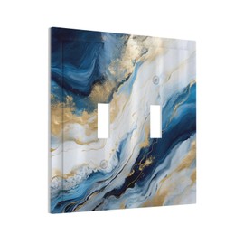 Abstract Blue Granite Luxury Watercolor Marble Texture Print Double Toggle Light Switch Covers Decorative Unique 2 Gang Wall Plate Dual Electrical Faceplate Switchplate for Kitchen Bathroom Decor