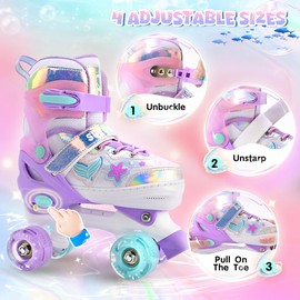 SULIFEEL Roller Skates for Girls Kids with Light Up Wheels, Adjustable 4 Sizes for Little Kids Toddler Beginner Rollerskates