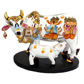 Purpledip Resin Idol Kamdhenu Wish Cow & Calf: Hindu Gods Painted Good Luck Statue, Multicolor,Medium (10104)