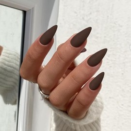 Matte Brown Press on Nails Almond Shaped 48Pcs Neutral Fake Nails for Women, Medium Almond Nails Press on Reusable Acrylic Nails Glue on Medium Length Stiletto False Nails Gel Artificial Nails