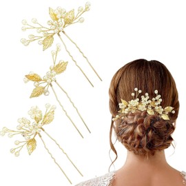 QOOWFEANIG Pearl Wedding Hair Pins, U-Shaped Gold Leaf Bridal Hair Accessories for Women & Girls, Elegant Bride Hairpieces for Parties, Set of 3